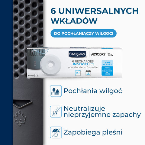 6 uniwersalnych wkładów do pochłaniaczy wilgoci Starwax Absodry Duo Family