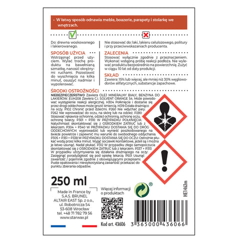 ODNAWIACZ MEBLE WOSKOWANE I LAKIEROWANE DREWNO JASNE 250 ML STARWAX
